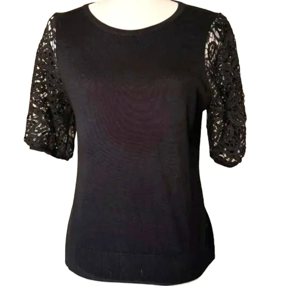 CATHERINE MALANDRINO Lace Sleeve Sweater Top - size medium